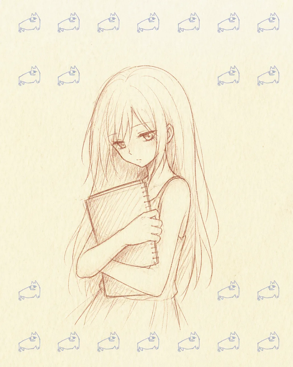 插画：抱着大笔记本的长发女孩，红铅笔素描，米纸底