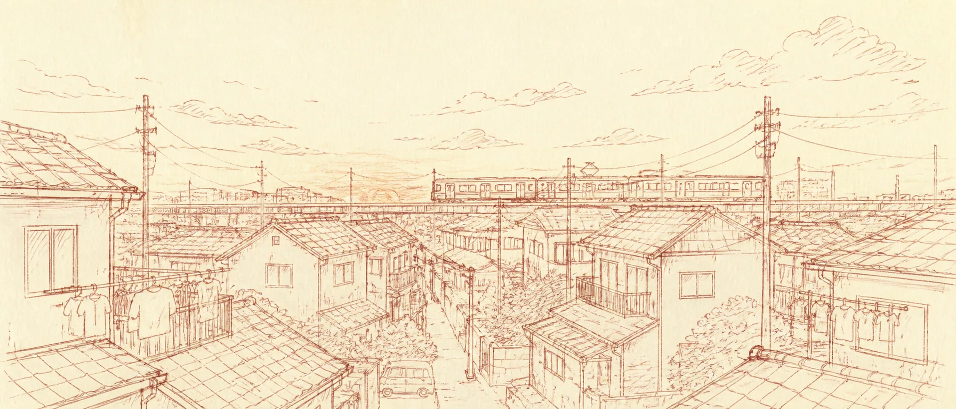 插画：铅笔勾勒的日本郊外市镇全景